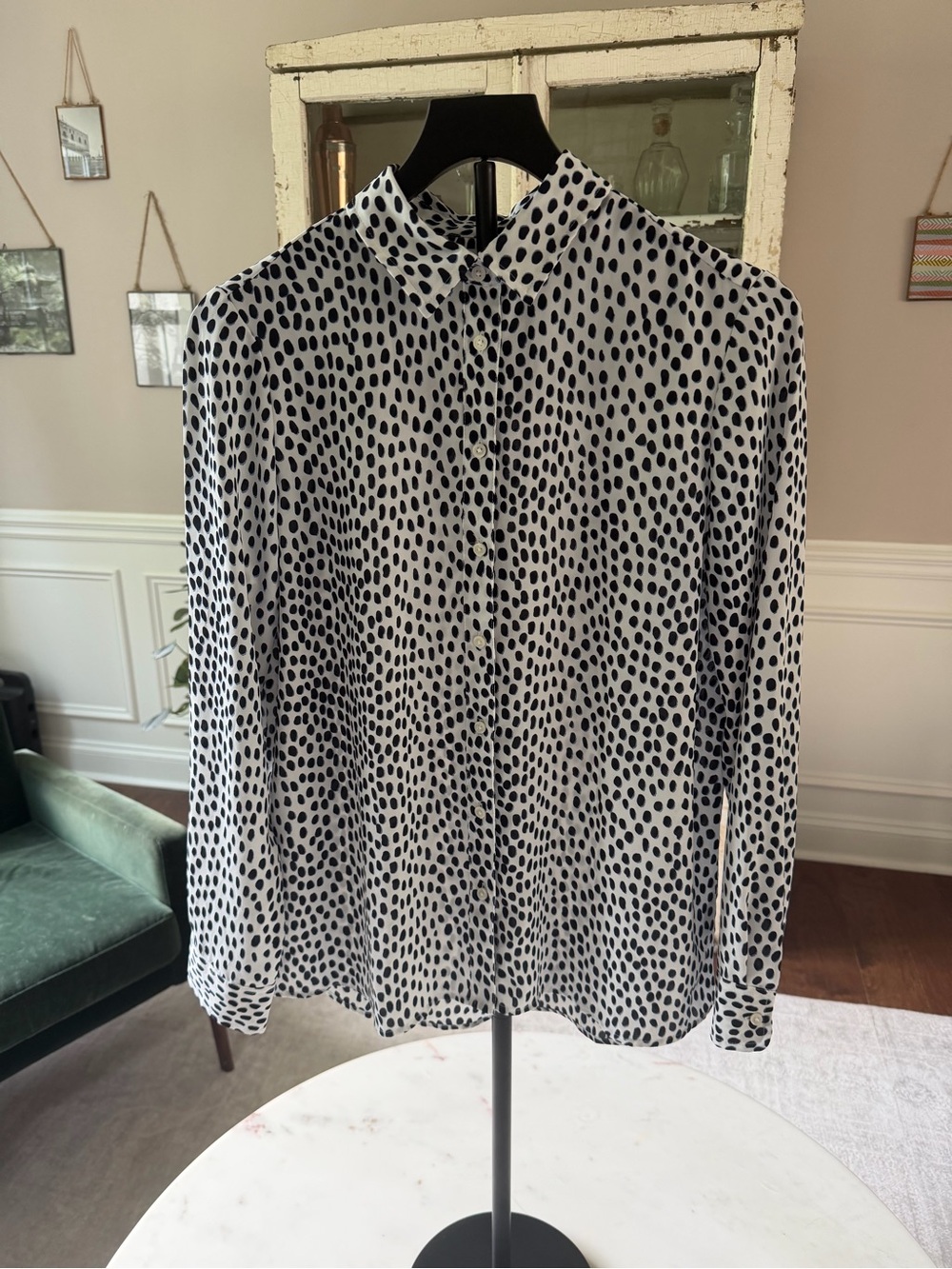 J.Crew Dalmatian Dot Print Button Down Blouse White Black Long Sleeve Size Small